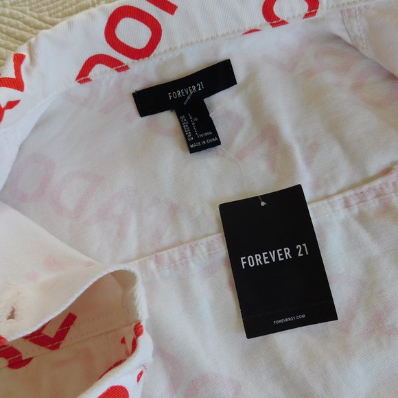 NWT Forever 21 J Adore white cotton denim cropped jean I love letter jacket F21 - Picture 14 of 16